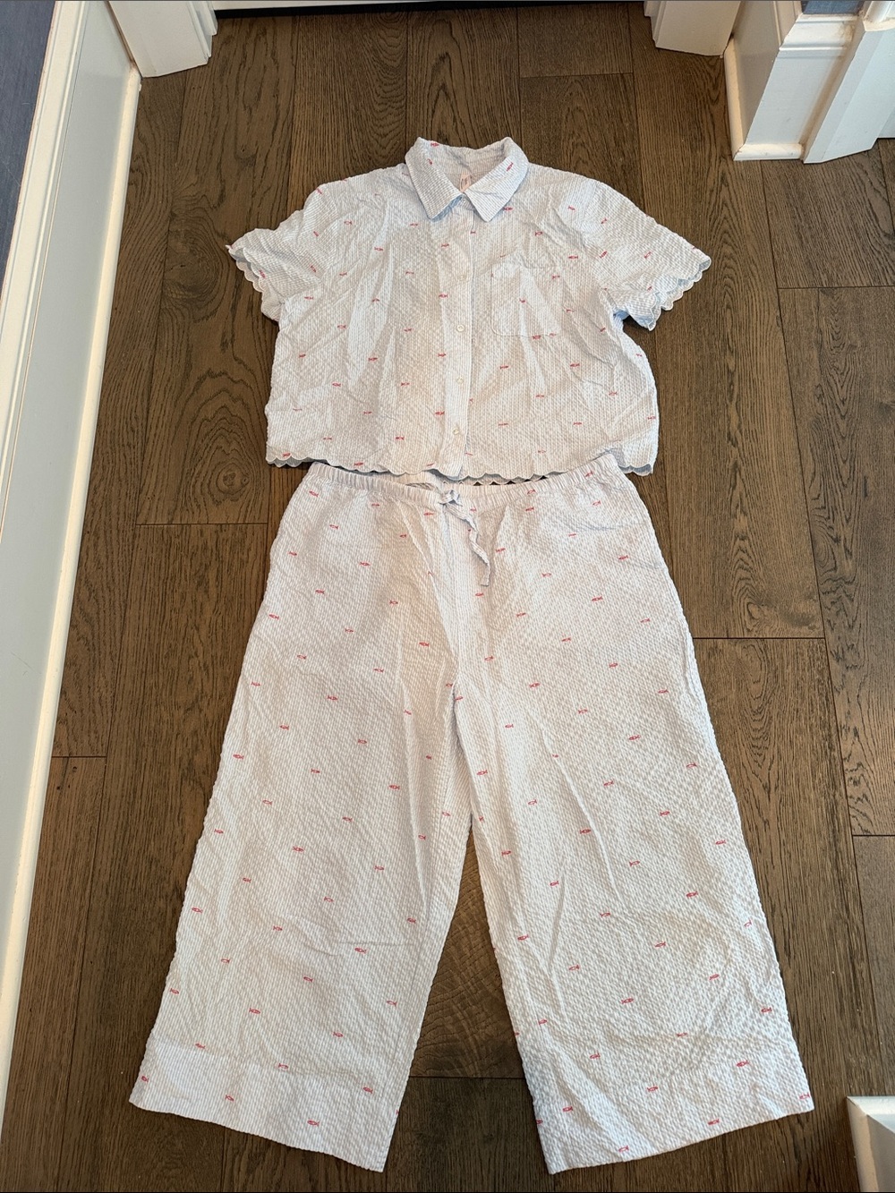 Auden White Seersucker Two-Piece Pajama Set with Pink Accent